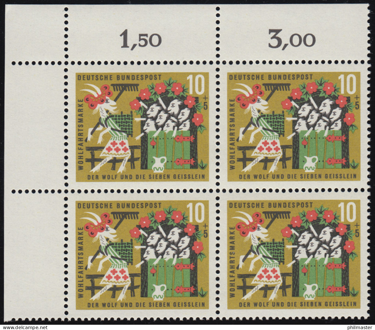 408 Wohlfahrt Grimm 10+5 Pf Sieben Geißlein ** Eck-Vbl O.l. Zähnung 8-dg - Unused Stamps