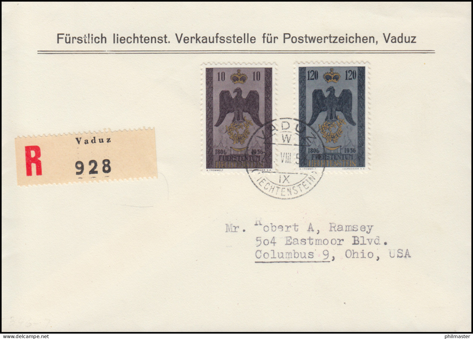 Liechtenstein 346-347 Souveränes Fürstentum Auf R-FDC Verkaufsstelle VADUZ 1956 - Lettres & Documents
