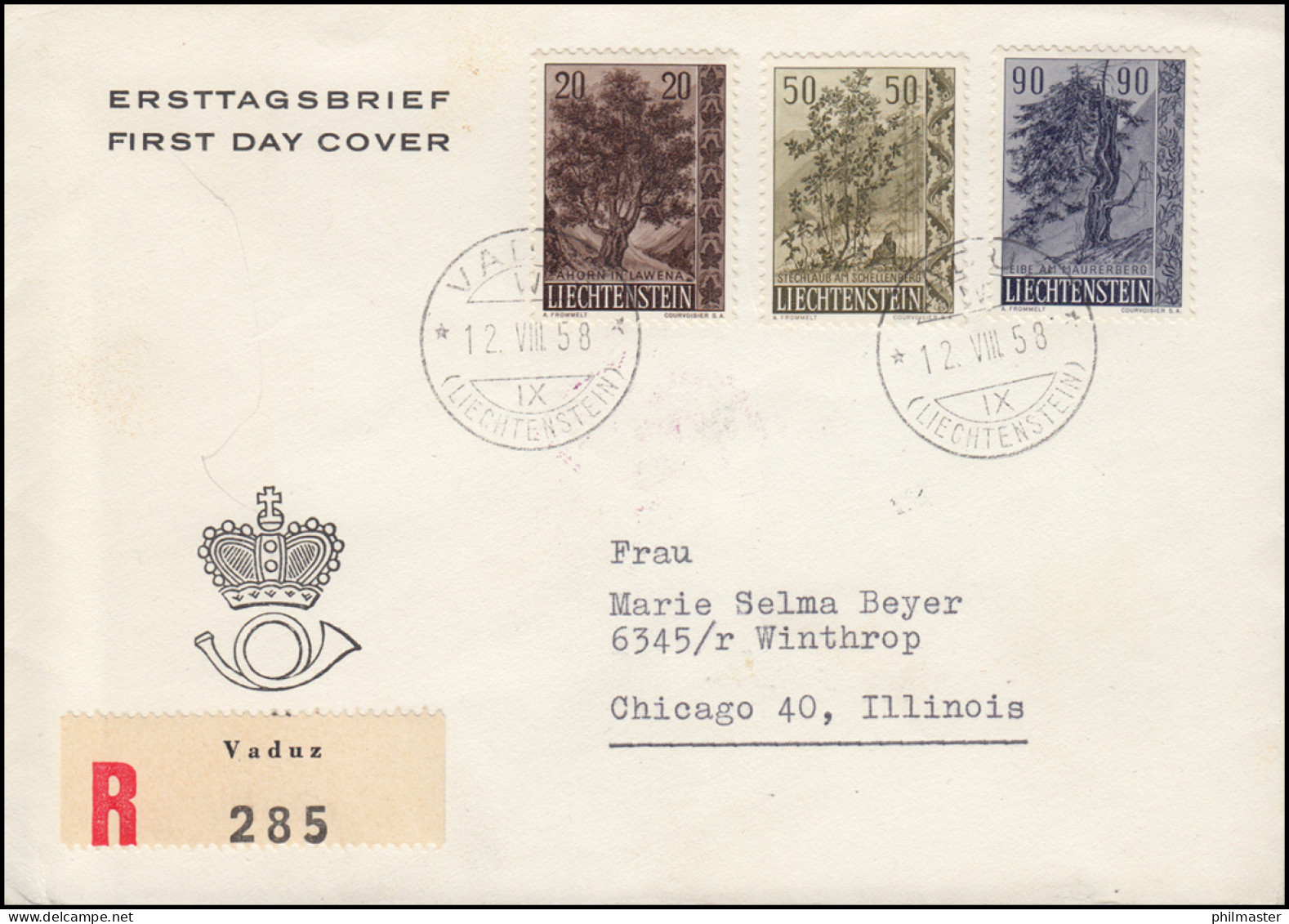 Liechtenstein 371-373 Bäume Und Sträucher 1958, Satz Auf USA-R-FDC VADUZ 12.8.58 - Cartas & Documentos