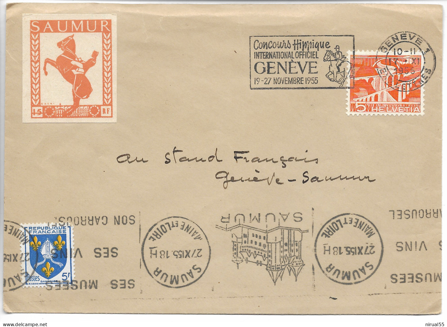 SAUMUR / GENEVE Concours Hippique Genève 19/27.11.1955 + Vignette SAUMUR + Obl. Mécanique Saumur      ....G - Sports