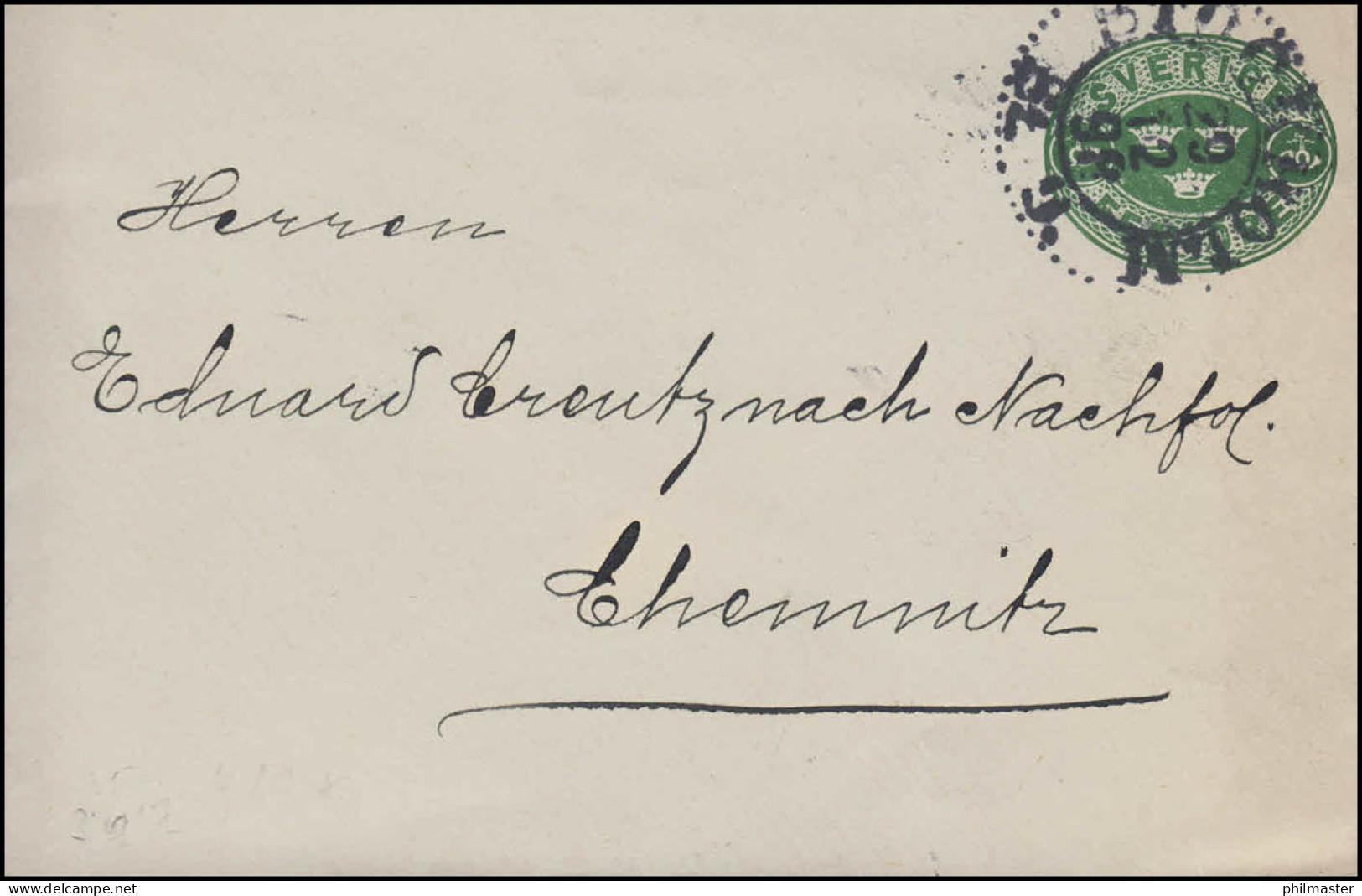 Umschlag 7 Drei Kronen 5 Öre, STOCKHOLM 29.12.1898 Nach Chemnitz - Postwaardestukken