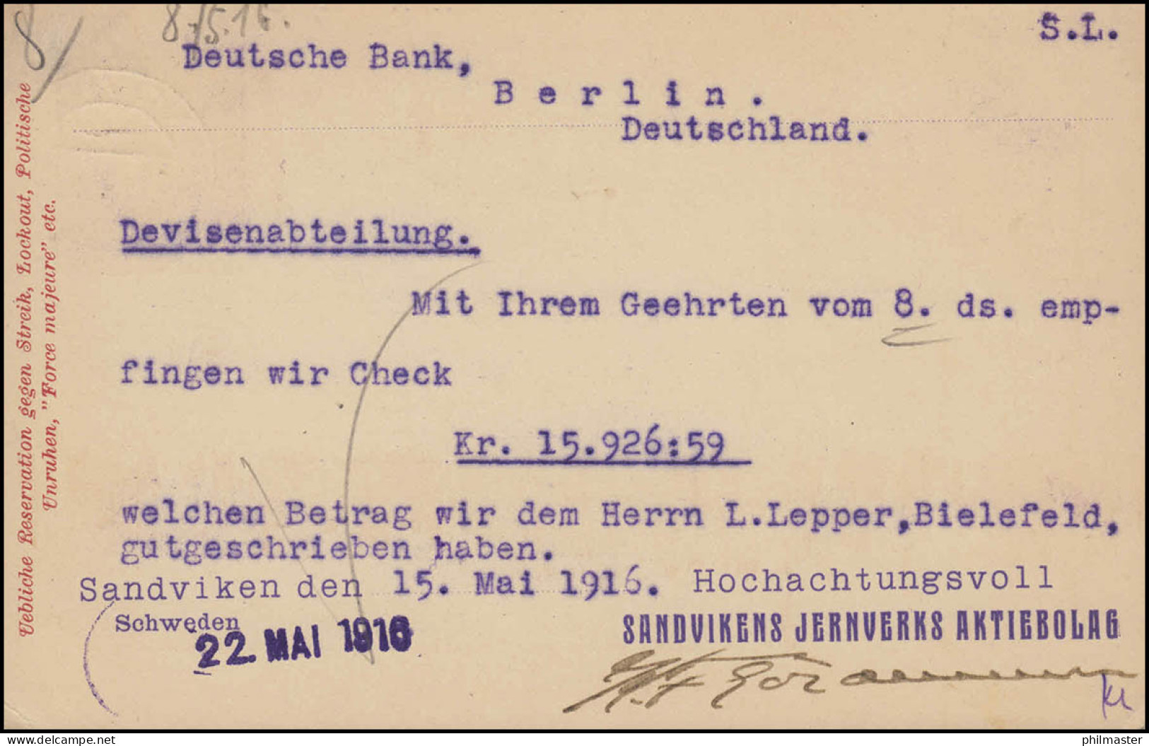 Postkarte P 30 BREFKORT 10 Öre Druckdatum 113, SANDVIKEN 15.5.1916 - Münzen