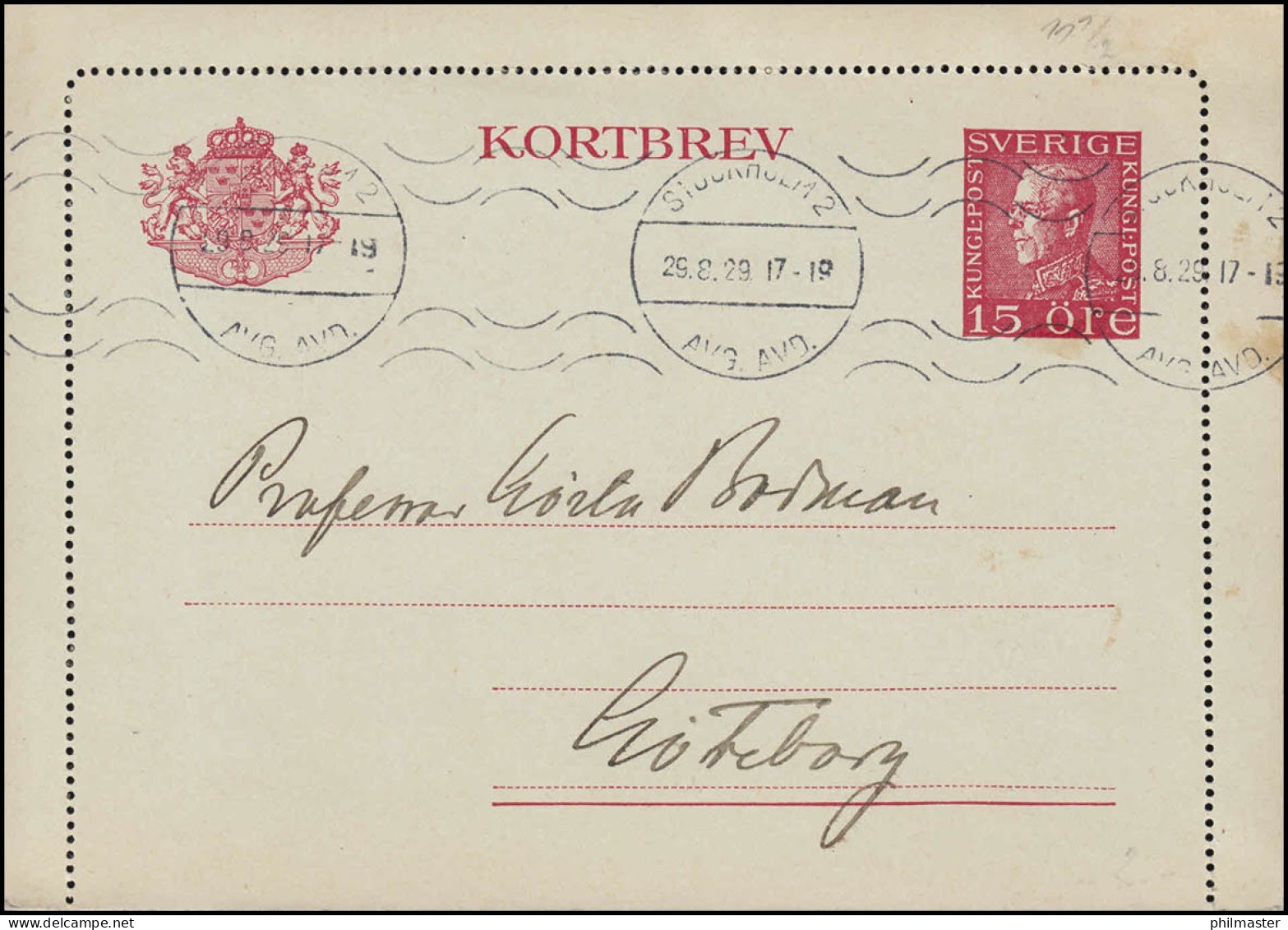 Kartenbrief K 27IW KORTBREV 15 Öre, STOCKHOLM 29.8.1929 Nach Göteborg - Postal Stationery