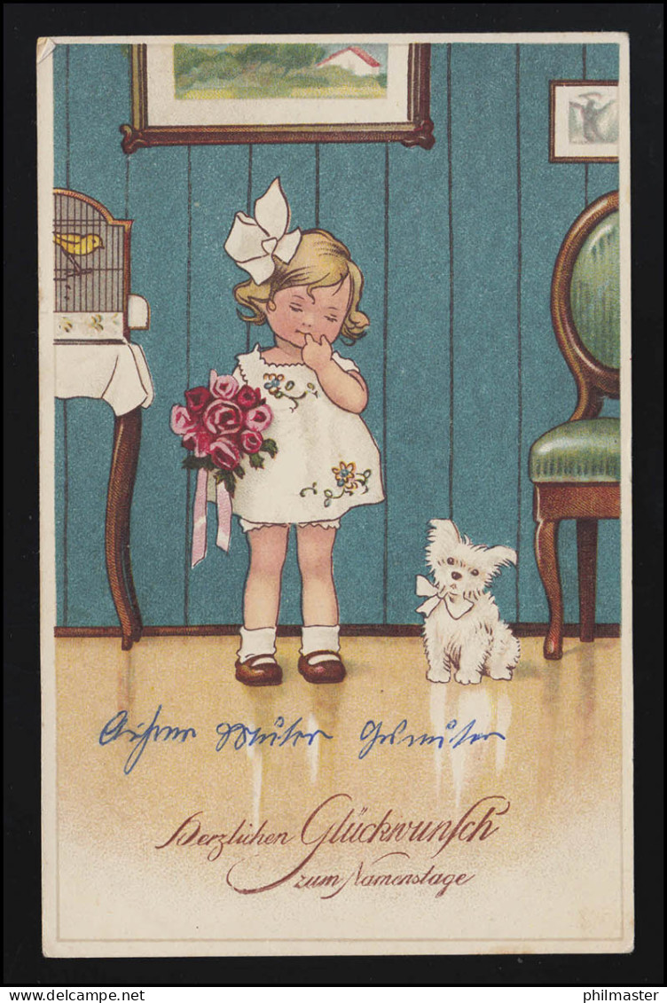 AK HWB Ser. 2106 Kleines Mädchen Kanarienvogel Hund Rosen Namenstag, Um 1928 - Autres & Non Classés