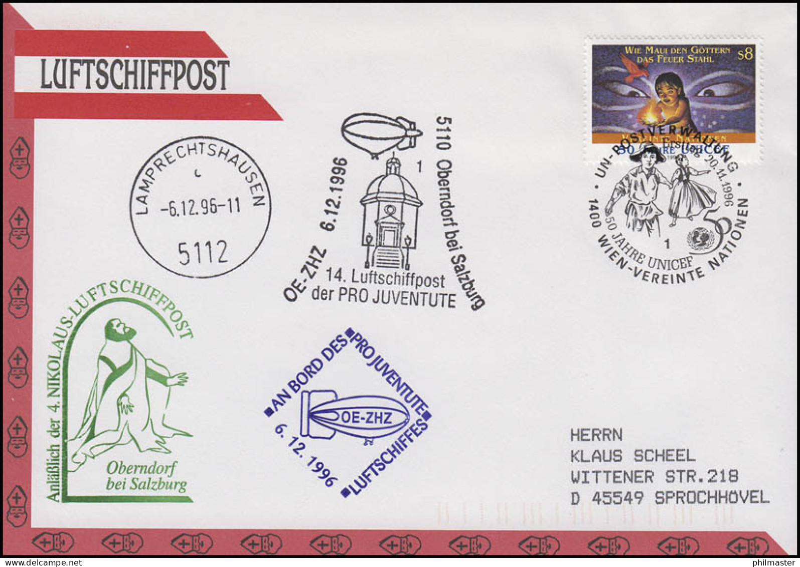 Österreich: 4. Ballonpost Nikolaus OE-ZHZ Pro Juventute, FDC UNO Wien 20.11.1996 - Airships