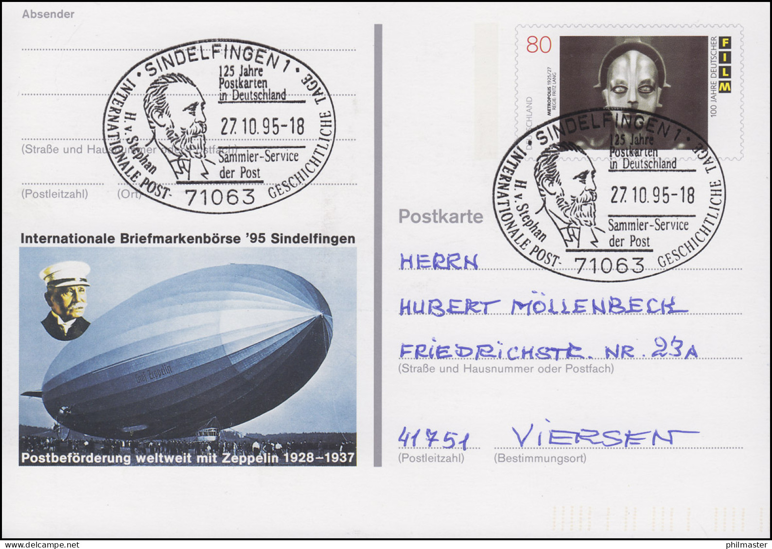 PSo 40 Sindelfingen Postbeförderung Zeppelin SSt Deutsche Postkarten 27.10.95 - Zeppelines