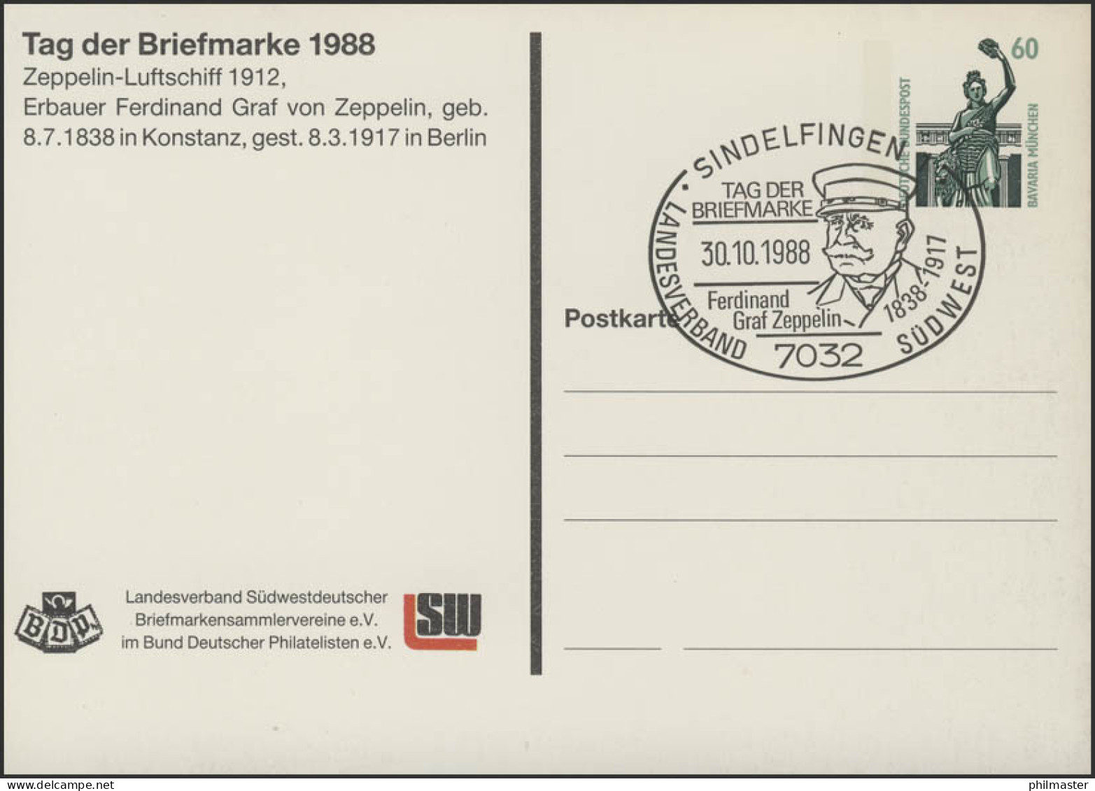 PP 151/81 Tag Der Briefmarke 1988 Zeppelin-Luftschiff, SSt Sindelfingen 30.10.88 - Zeppelines