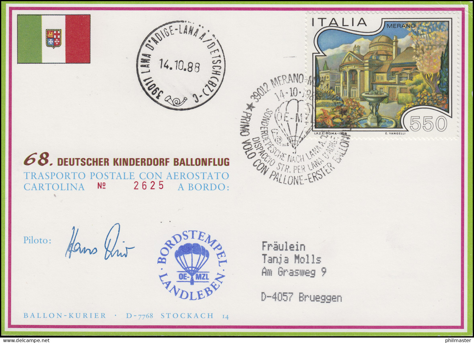 68. Kinderdorf-Ballonpost OE-MZL LANDLEBEN Meran - Lana / Italien 14.10.1988 - Luchtballons