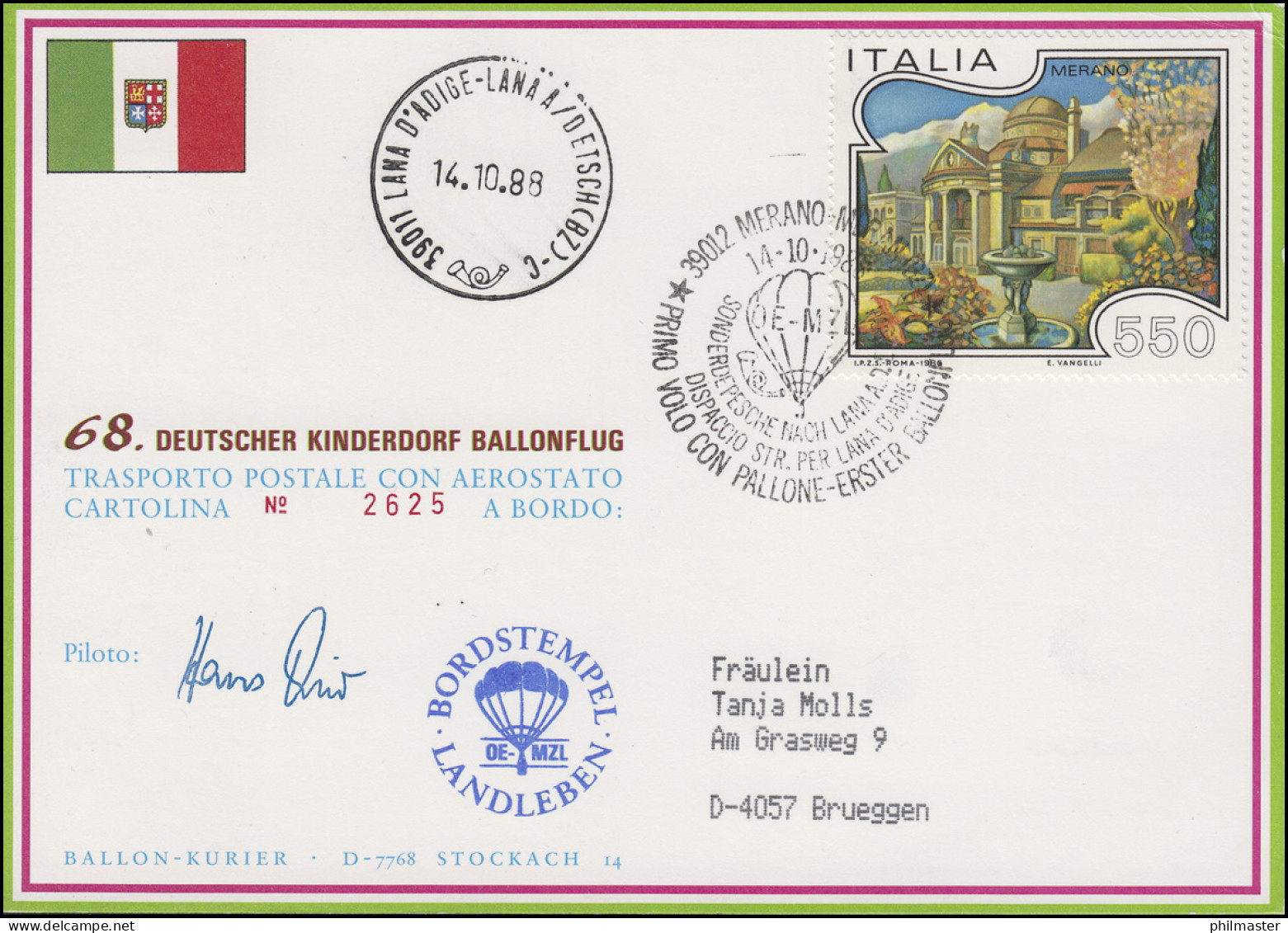 68. Kinderdorf-Ballonpost OE-MZL LANDLEBEN Meran - Lana / Italien 14.10.1988 - Airships