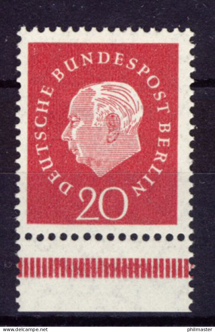 184v Heuss 20 Pf - Plattendruck/geriffelte Gummierung Unterrand ** - Unused Stamps