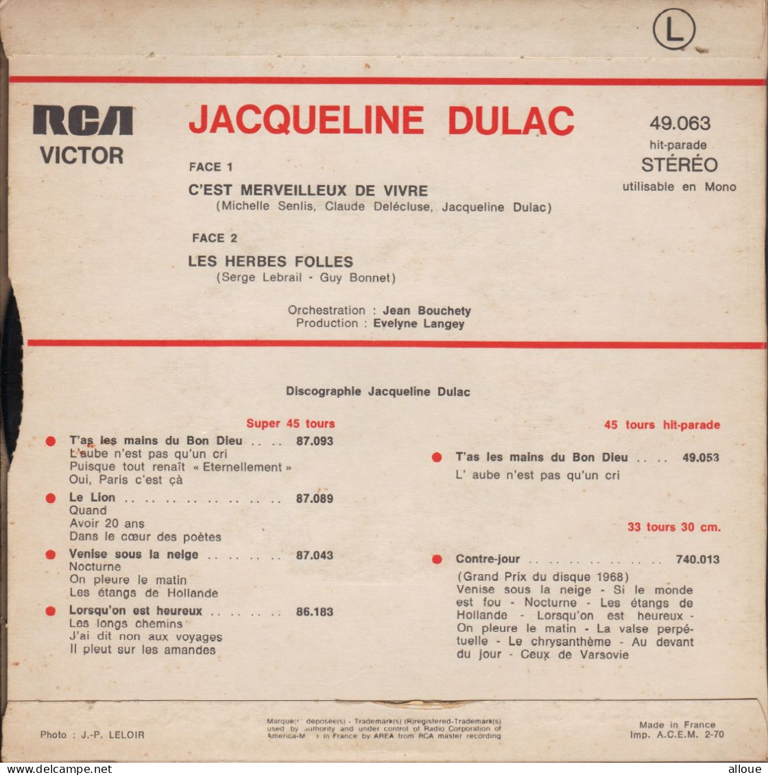 JACQUELINE DULAC - FR SP - C'EST MERVEILLEUX DE VIVRE + 1 - Sonstige - Franz. Chansons