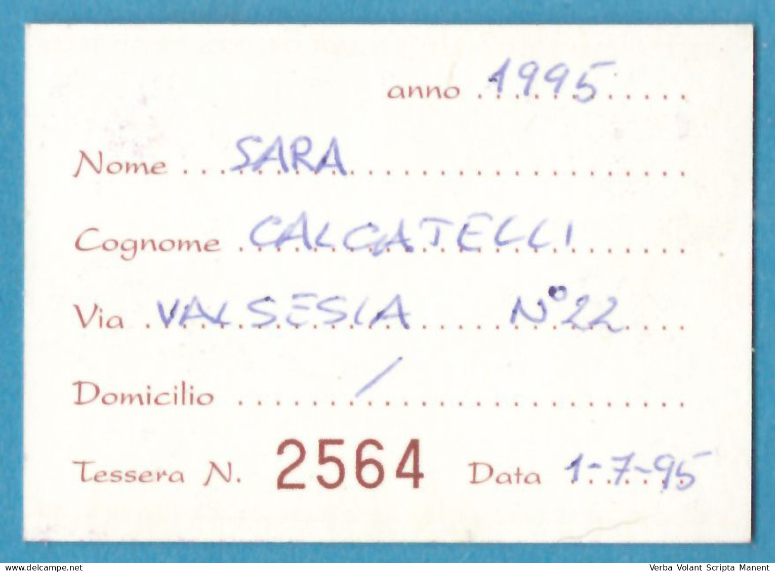 H-5800 * Italia - LA TAVERNA DI TOM BOMBADIL - Via Casperia, 33 - Roma - Tessera N. 2564 - Anno 1995 - Membership Cards