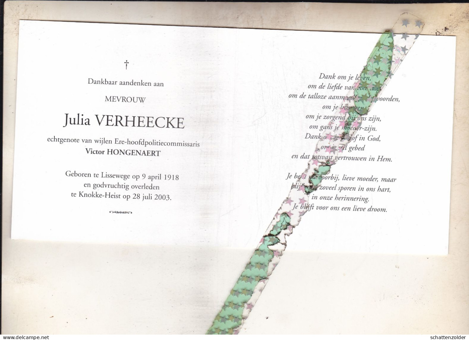 Julia Verheecke-Hongenaert, Lissewege 1918, Knokke-Heist 2003. Foto - Obituary Notices