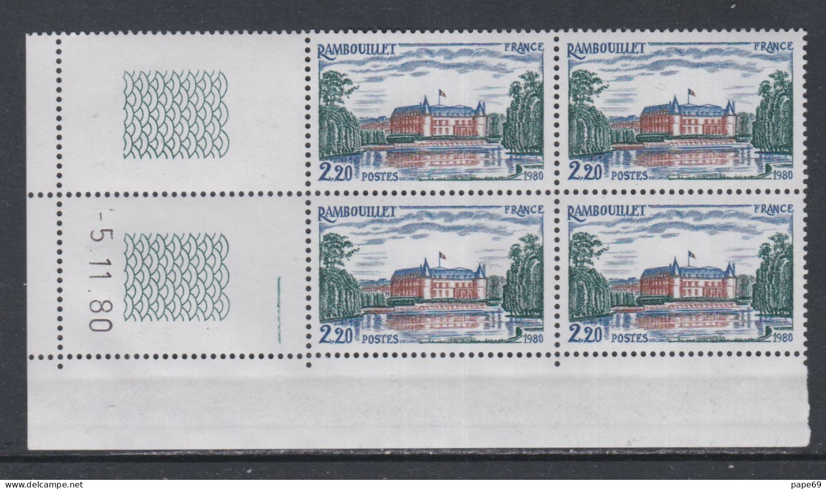 France N° 2111 XX  Château De Rambouillet En Bloc De 4 Coin Daté Du 5 . 11 . 80 ; 1 Trait ; Sans Charnière, TB - 1970-1979