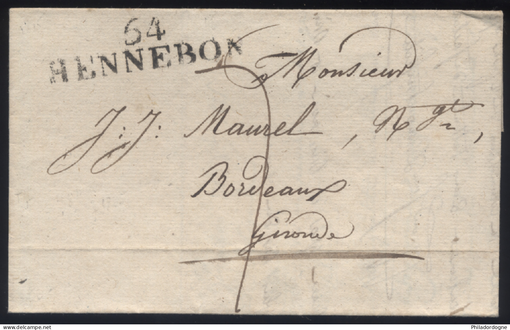 Morbihan - LaC Cursive 54 Hennebon (49x13) Pour Bordeaux- 1828 - 1801-1848: Precursors XIX