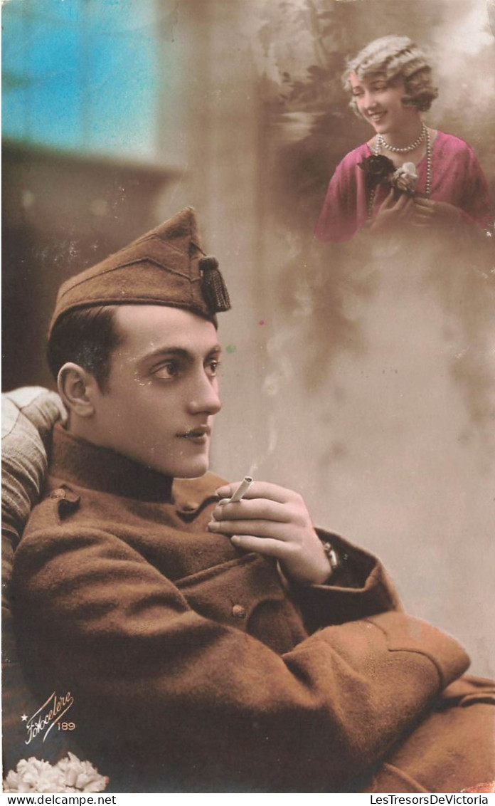 FANTAISIE - Homme - Soldat En Rémanence De Sa Femme - Cigarette - Carte Postale Ancienne - Men