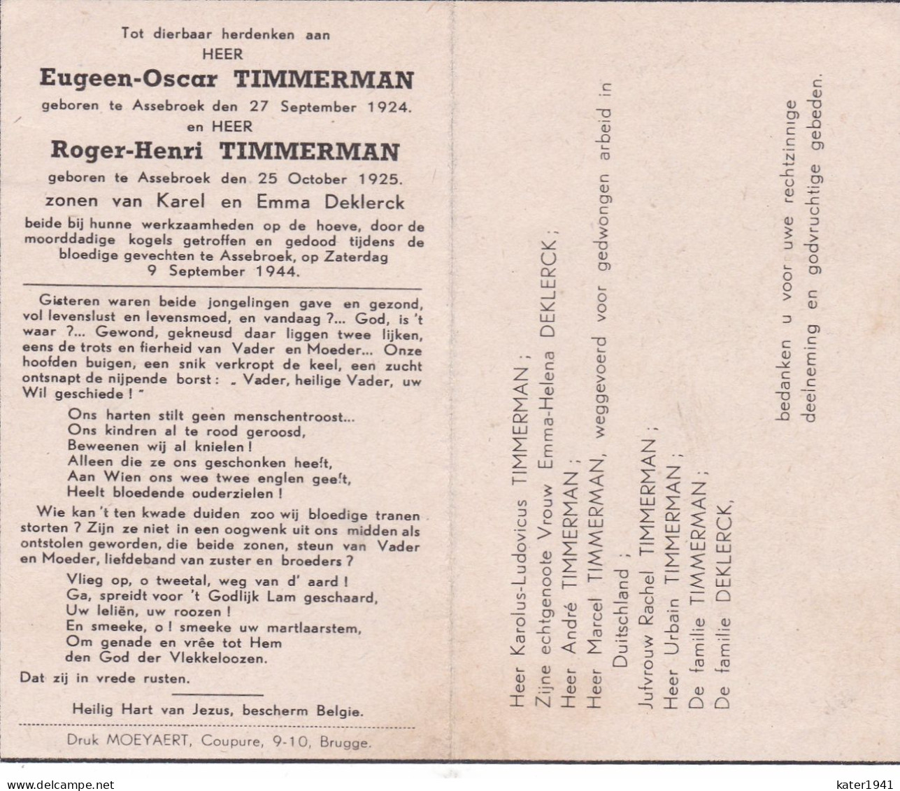 Oorlog Slachtoffer 40 45Timmerman Eugeen ° Assebroek 27.10.1924 En Roger ° Assebroek 25.10.1925  Kogel+ Assebroek 090944 - Religion & Esotericism