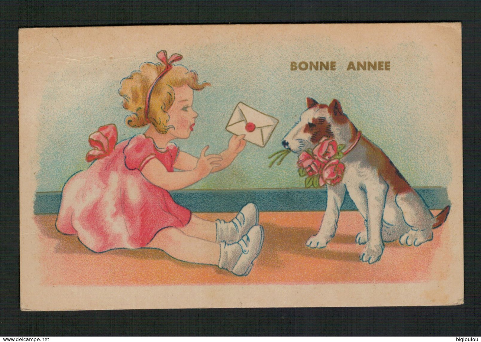 Illustration - Enfant - Chien - Fleurs - Lettre De Bonne Année - Chiens