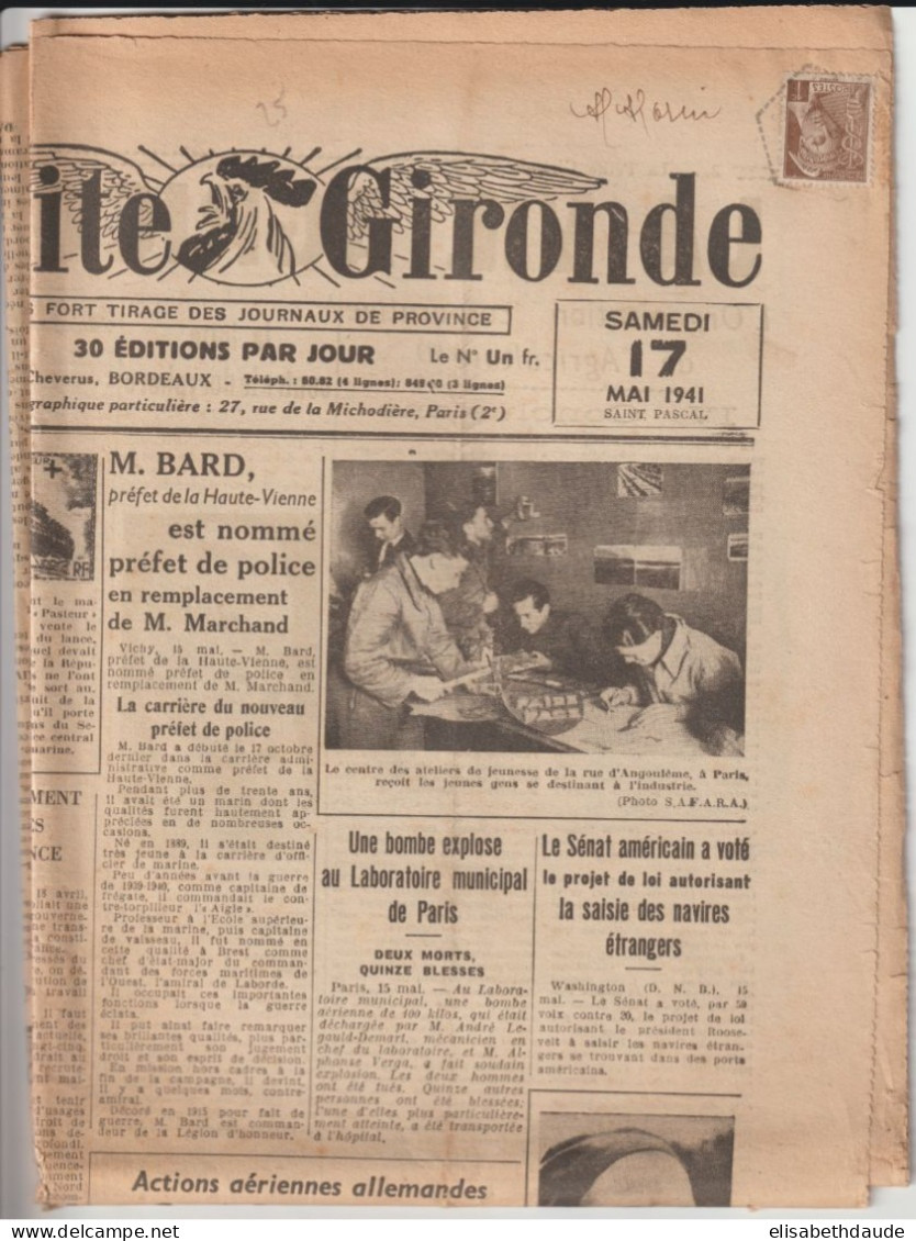 1941 - MERCURE - 1c SUR JOURNAL COMPLET "LA PETITE GIRONDE" De BORDEAUX - PROPAGANDE ET INFOS DE GUERRE ! - 1938-42 Mercure