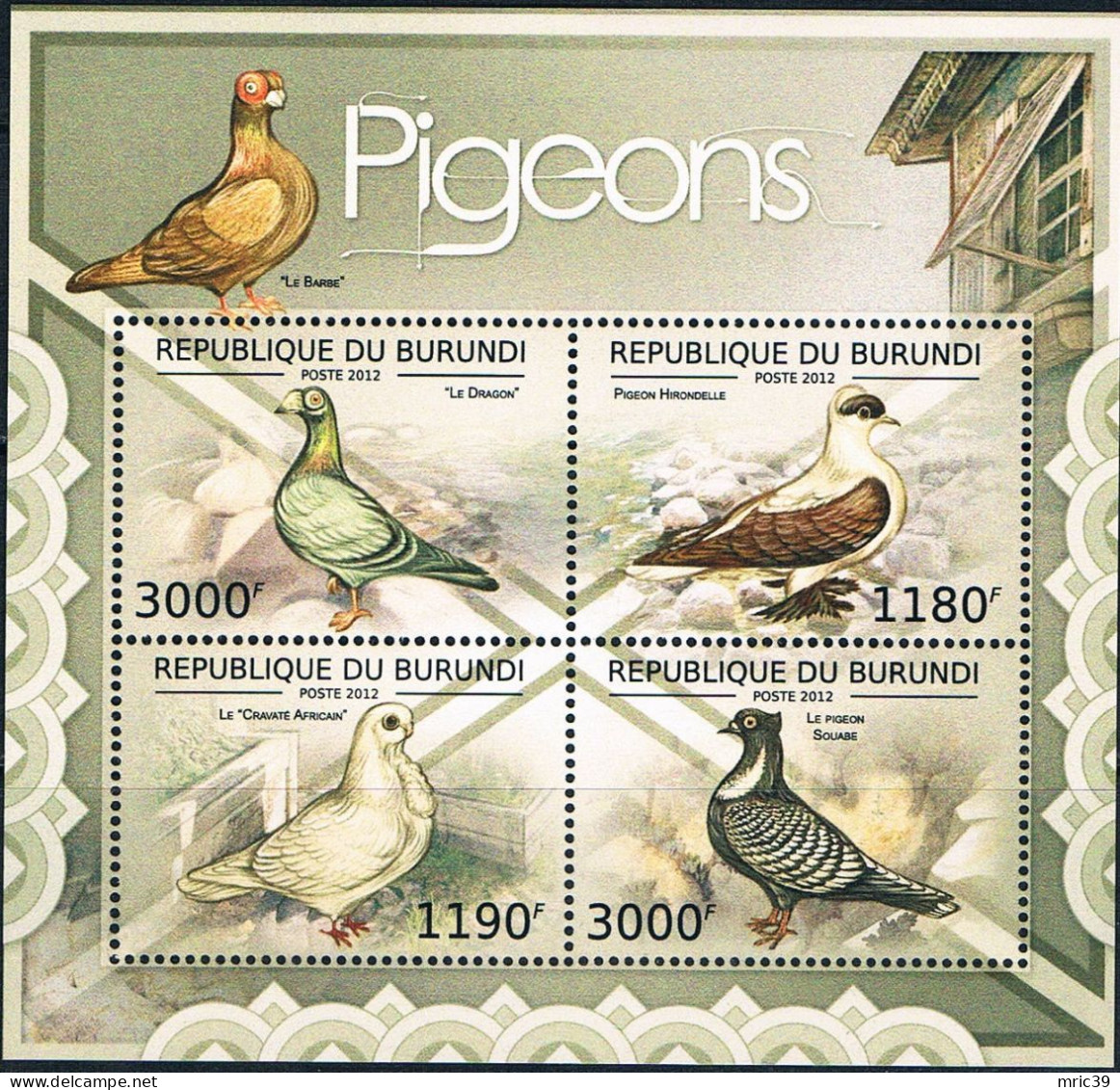 Bloc Sheet Oiseaux Birds Pigeons  Neuf  MNH **  Burundi 2012 - Duiven En Duifachtigen