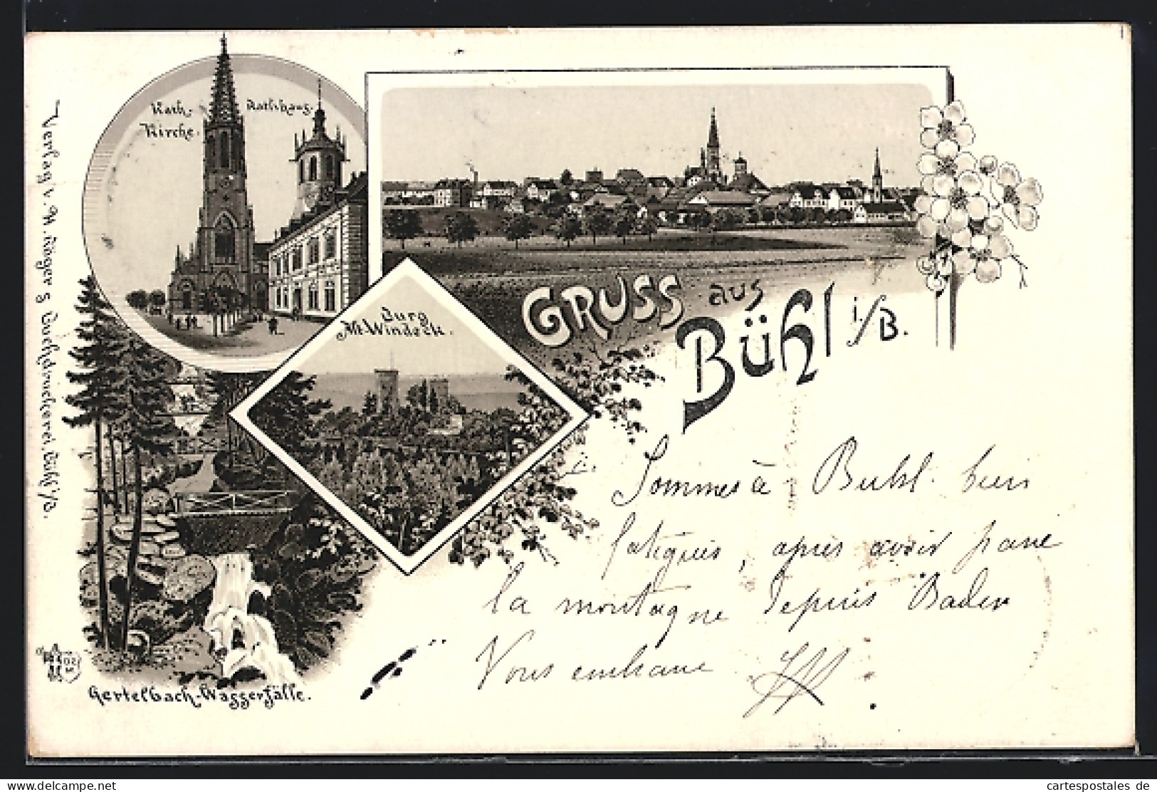 Lithographie Bühl I. B., Burg Alt-Windeck, Gertelbach-Wasserfälle, Kath. Kirche U. Rathaus  - Buehl