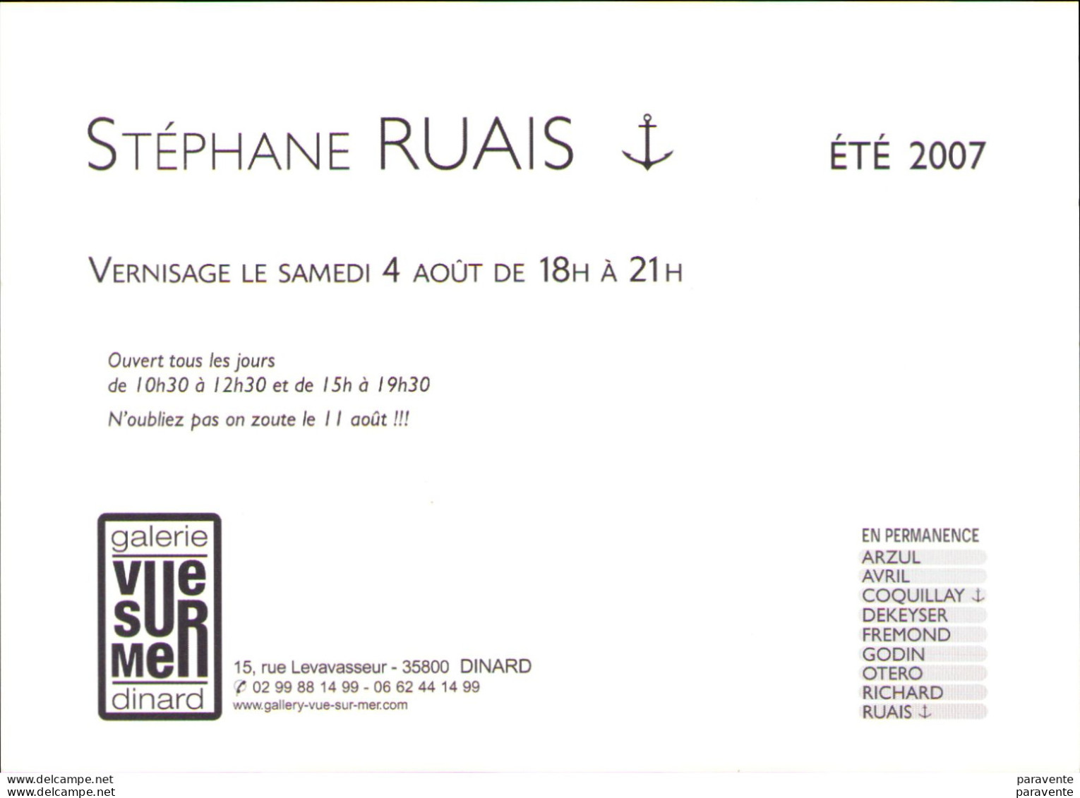 Carte Invitation Exposition RUAIS Stephane à La GALERIE VUE SUR MER 2007 - Contemporain (à Partir De 1950)