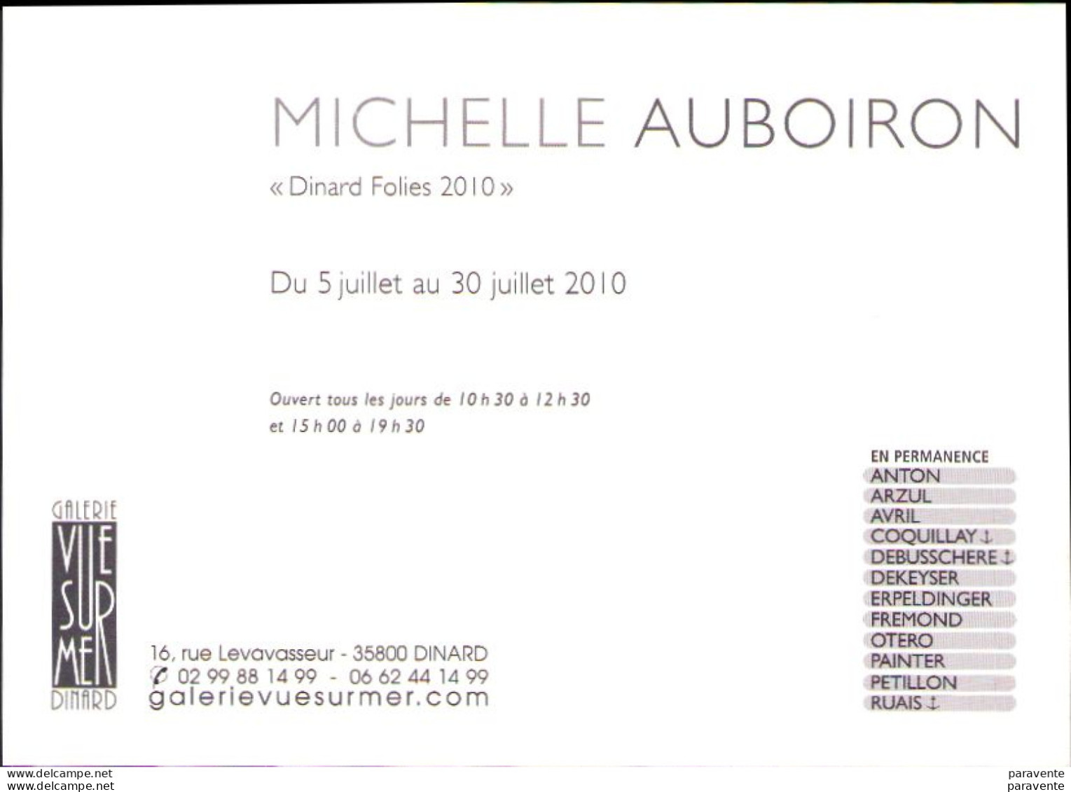 Carte Invitation Exposition AUBOIRON Michele à La GALERIE VUE SUR MER 2010 - Contemporain (à Partir De 1950)