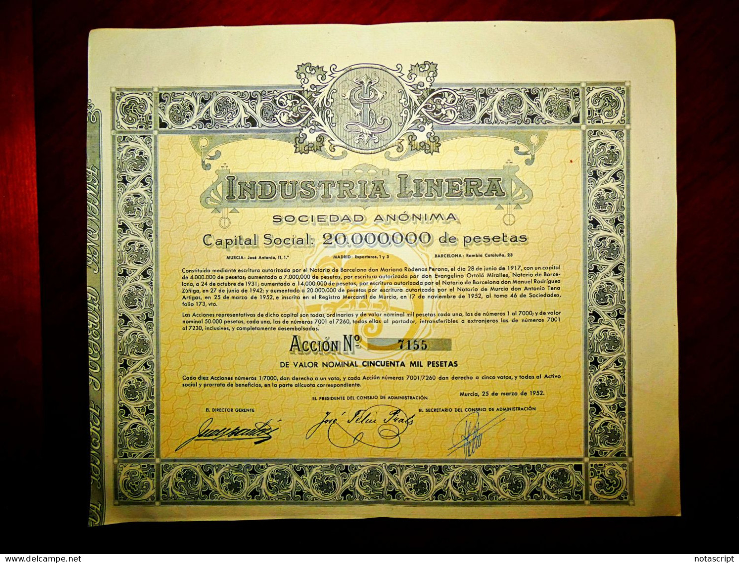 Industria Linera SA , Murcia (Spain) 1952.share Certificate - Textil