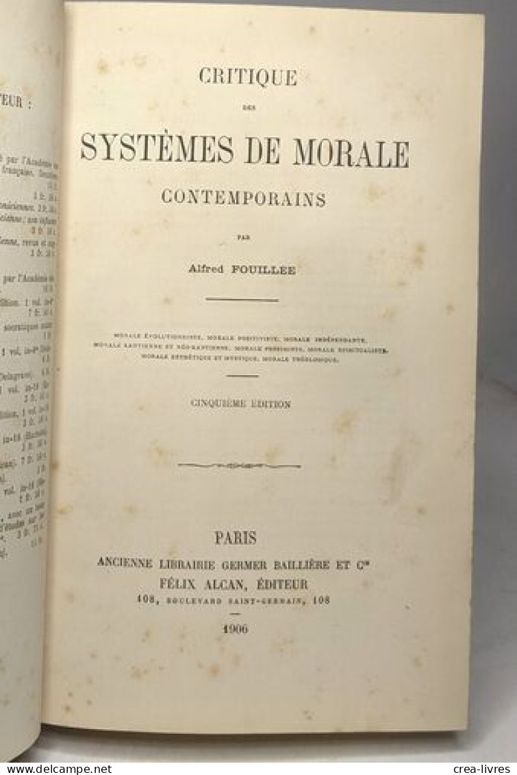 Critique Des Systèmes De Morale Contemporains - 5e édition - Psychology/Philosophy