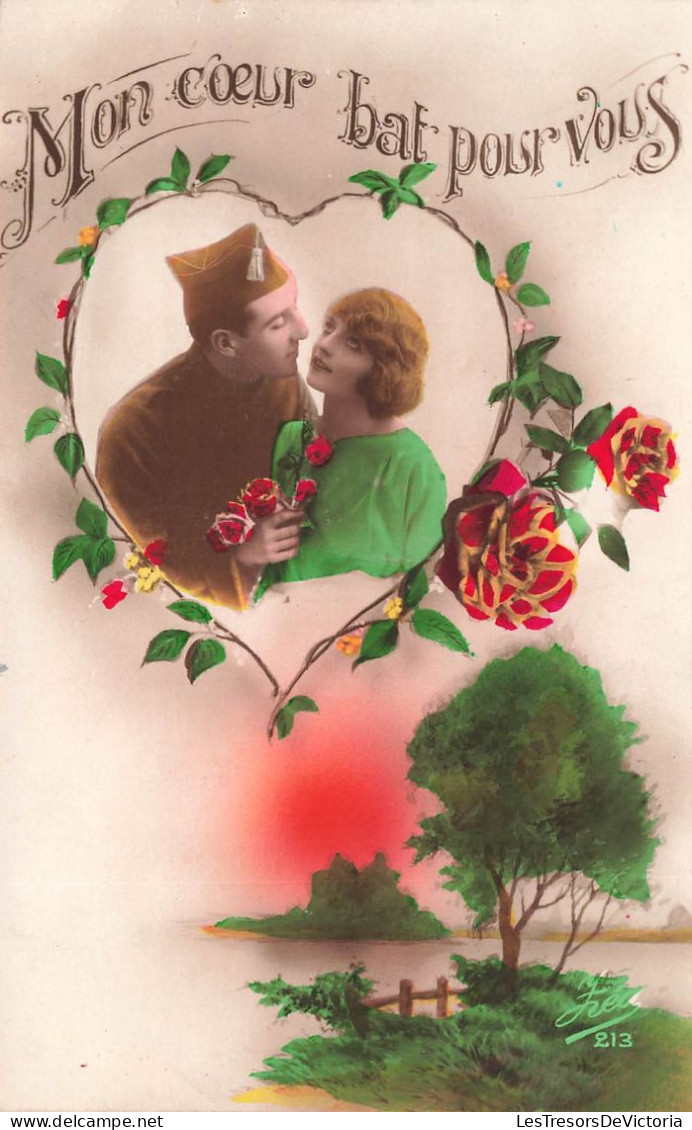 FANTAISIE - Homme - Soldat Et Sa Femme - Mon Cœur Bat Pour Vous - Roses Rouges - Carte Postale Ancienne - Mannen