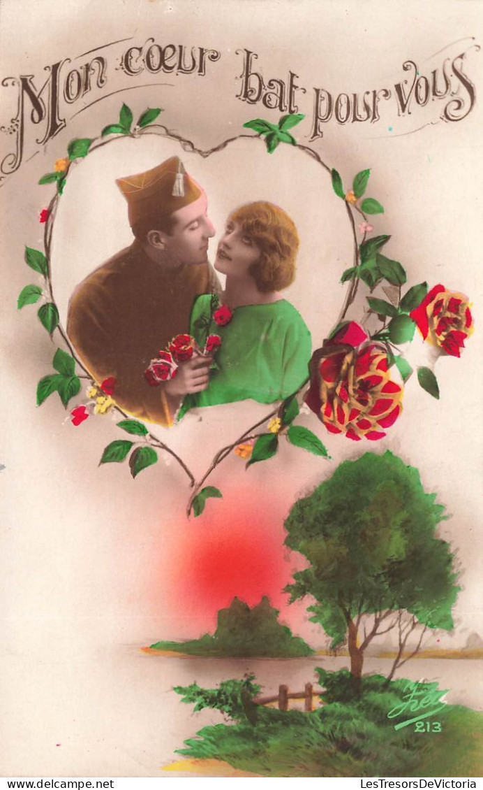 FANTAISIE - Homme - Soldat Et Sa Femme - Mon Cœur Bat Pour Vous - Roses Rouges - Carte Postale Ancienne - Hombres