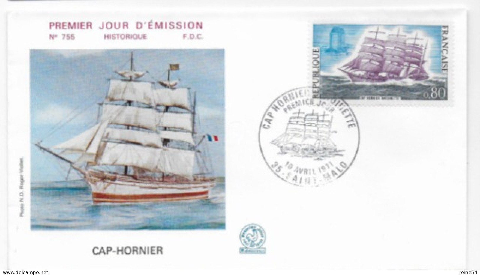 Enveloppe Premier Jour- Cap Hornier "Antoinette" 10 Avril 1971 Saint Malo (35) F.D.C. 755 N° 1674 - 1970-1979