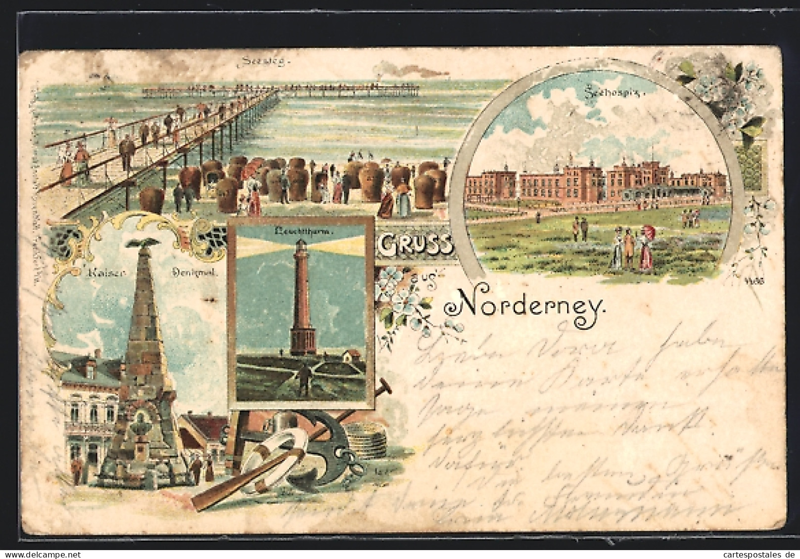 Lithographie Norderney, Kaiser Denkmal Mit Anker, Leuchtturm, Seehospiz  - Norderney