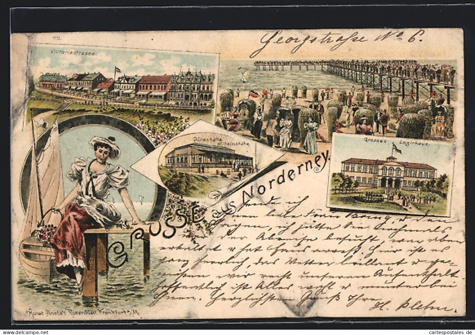 Lithographie Norderney, Grosses Logirhaus, Dünenhalle Wilhelmshöhe, Strandbrücke Mit Menschenmenge, Strandkörbe  - Norderney