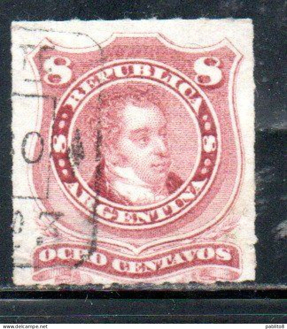 ARGENTINA 1876 1877 BERNARDINO RIVADAVIA ROULETTED CENT. 8c  USATO USED OBLITERE' - Used Stamps