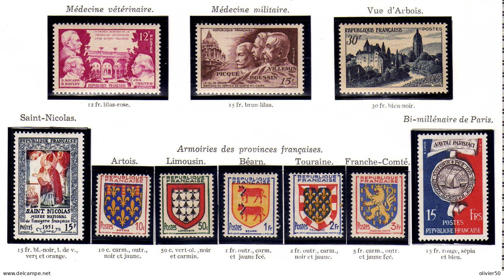 France - (1951) - Medecine - Arbois - Armoiries - Paris - Saint-Nicolas  - Neufs - Sans Gomme - No Gum - Unused Stamps