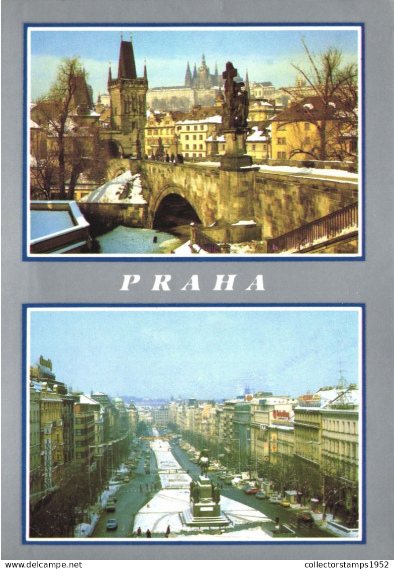 PRAGUE, MULTIPLE VIEWS, ARCHITECTURE, BRIDGE, TOWER, STATUE, MONUMENT, CARS, CZECH REPUBLIC, POSTCARD - Tsjechië