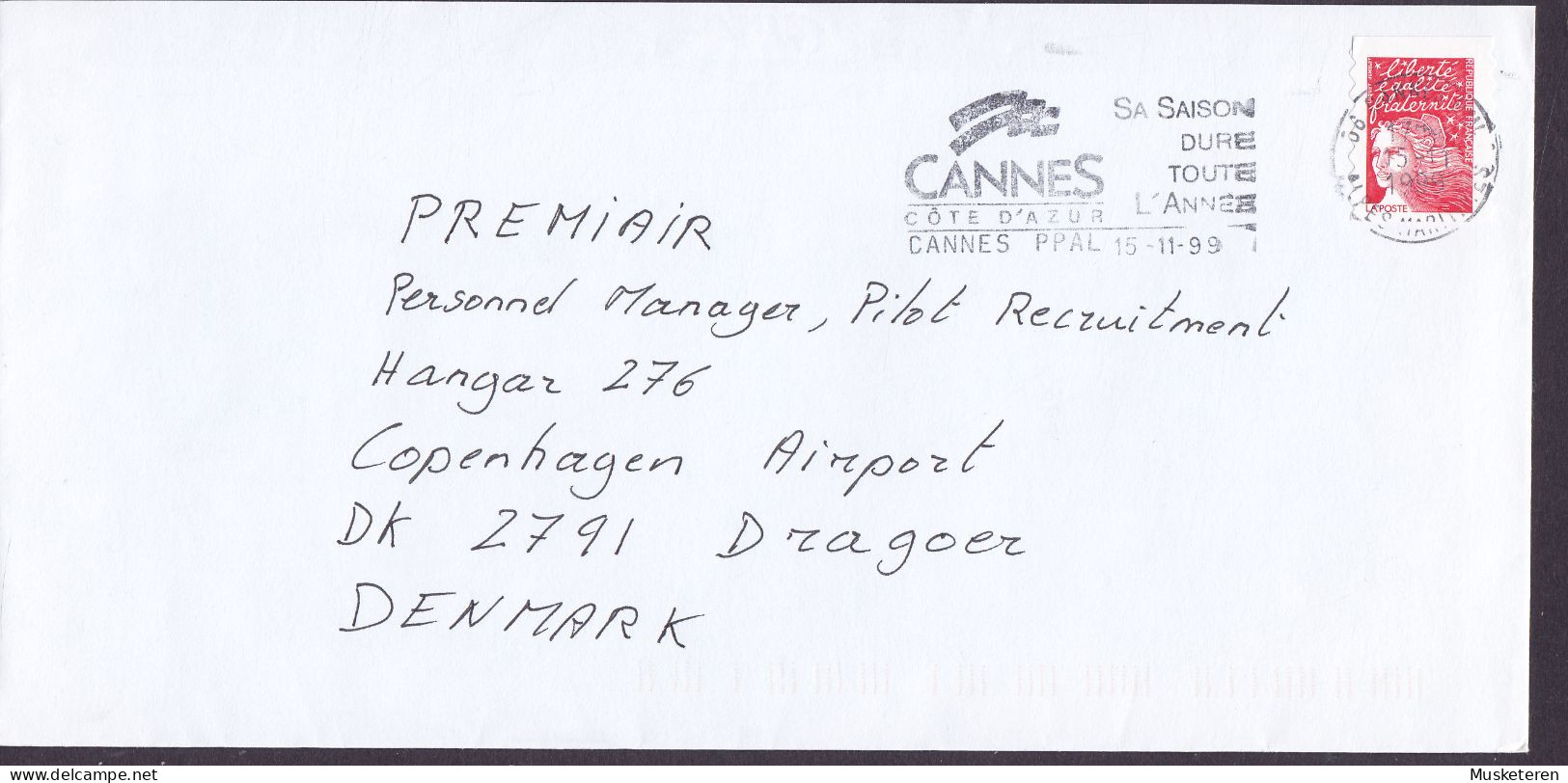 France Slogan Flamme CANNES 1999 Cover Lettre To Denmark Marianne 2-Sided Perf. - 1997-2004 Marianne (14. Juli)