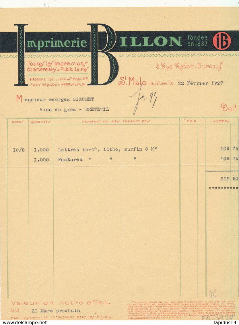 FA 3127    FACTURE IMPRIMERIE BILLON  SAINT MALO  ILE ET VILAINE              (1927) - Imprimerie & Papeterie