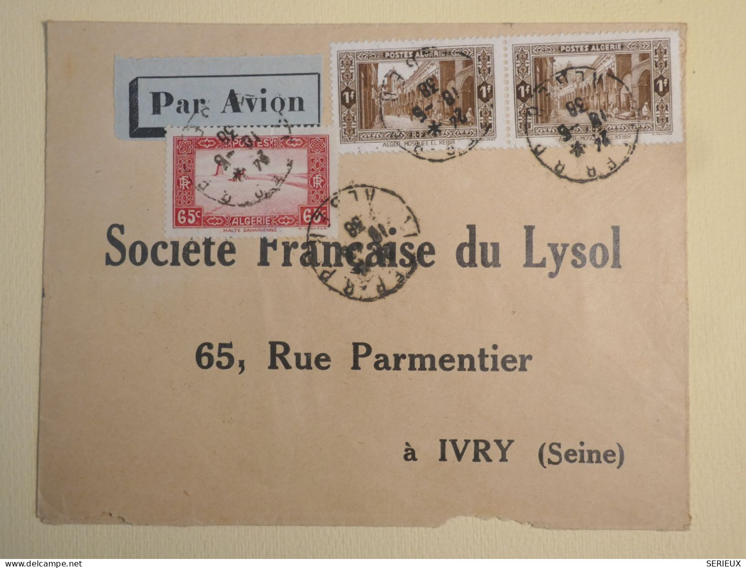 DL0  ALGERIE BELLE LETTRE  1938  ALGER A YVRY  FRANCE +AFF.  INTERESSANT+ + - Brieven En Documenten