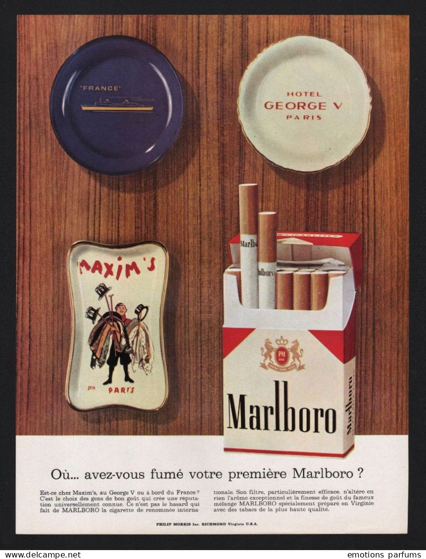 Pub Papier 1962 Cigarettes Marlboro Hotel Palace Paris Cendrier Sem George V, Maxim's, Paquebot France - Werbung