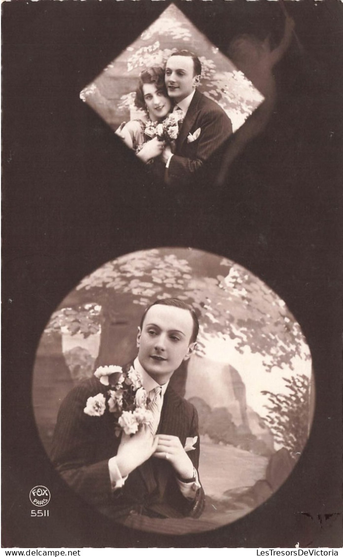 FANTAISIE - Couple - Cadres - Homme Avec Un Bouquet De Fleurs - Losange Et Rond - Carte Postale Ancienne - Other & Unclassified