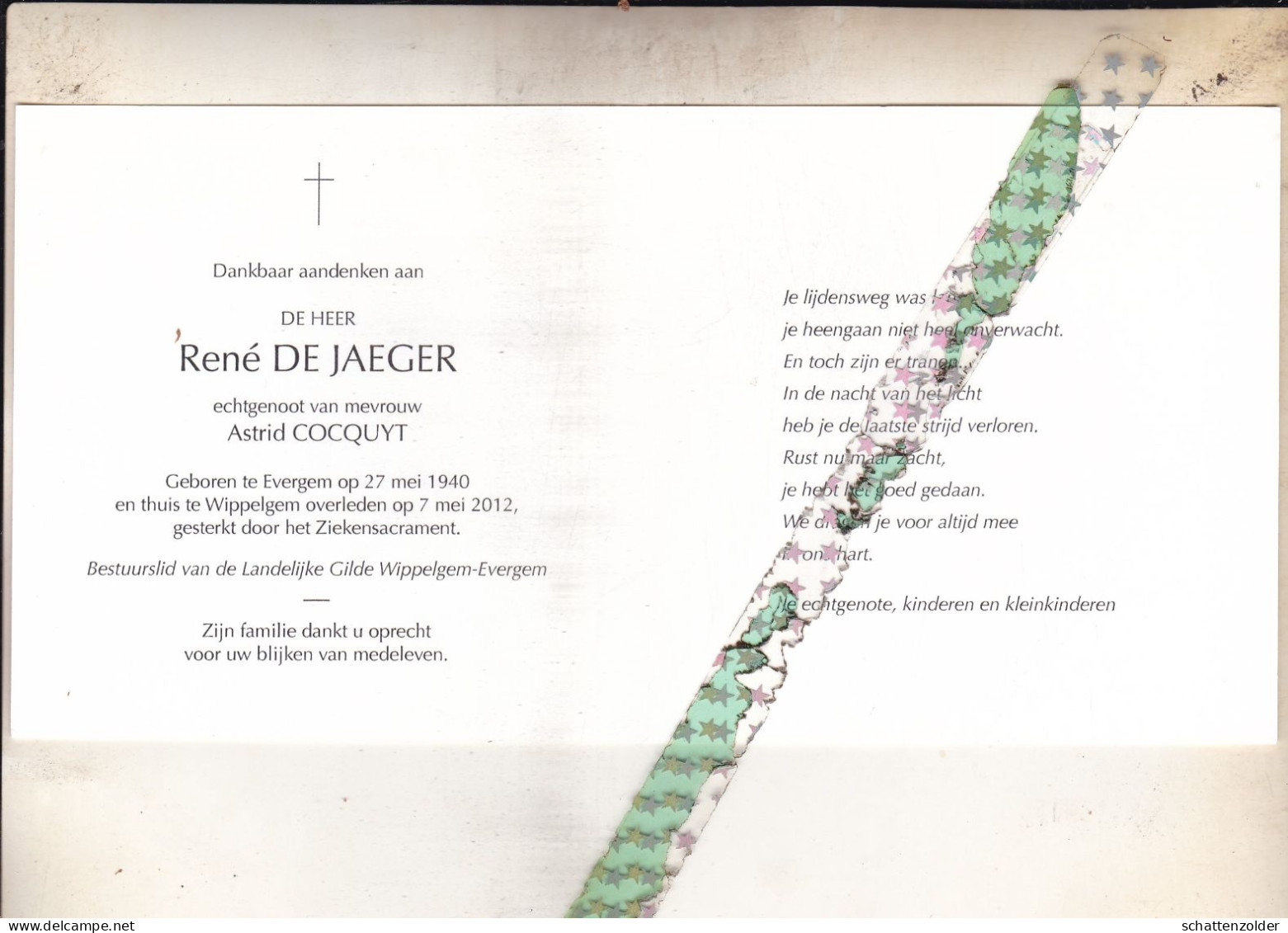 René De Jaeger-Cocquyt, Evergem 1940, Wippelgem 2012. Foto Paard - Décès