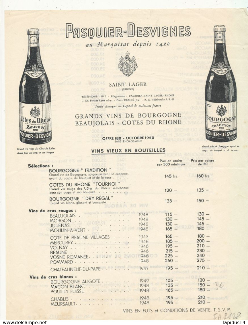 FA 3128    FACTURE   TARIF  VINS  PASQUIER-DESVIGNES    SAINT LAGER  RHONE           (1950) - Alimentare