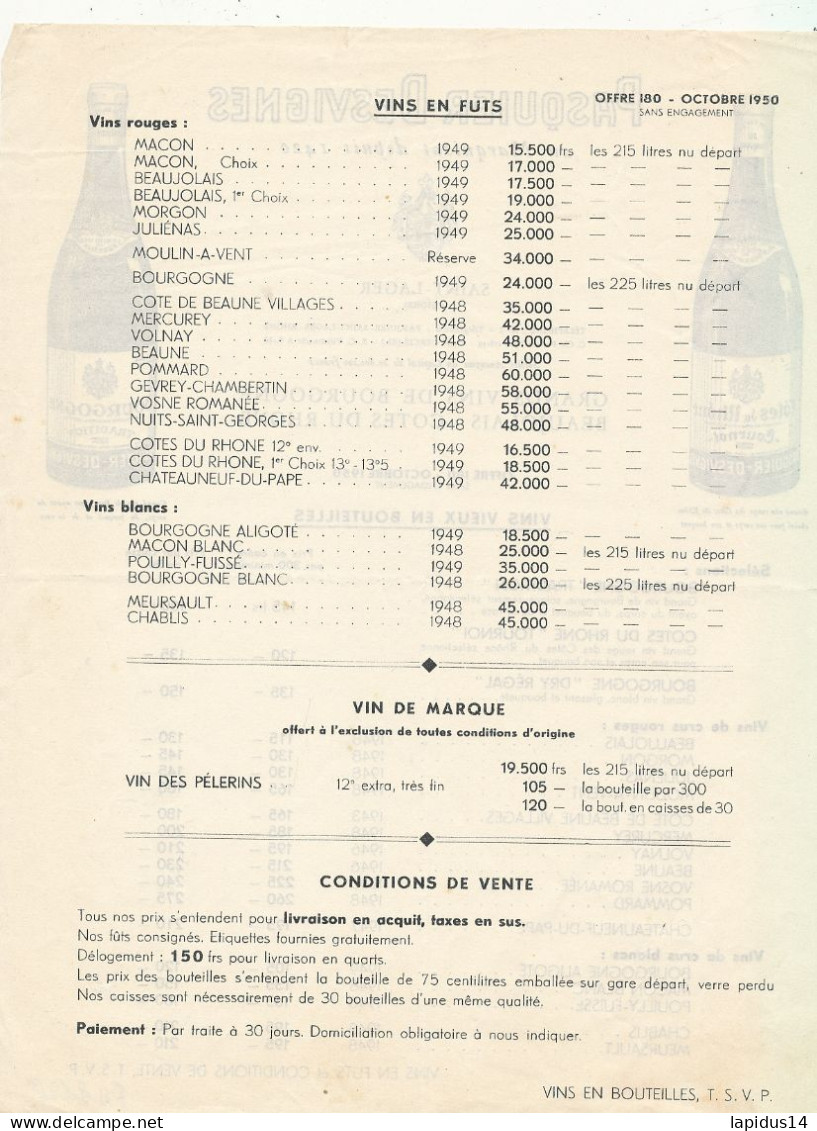 FA 3128    FACTURE   TARIF  VINS  PASQUIER-DESVIGNES    SAINT LAGER  RHONE           (1950) - Alimentaire