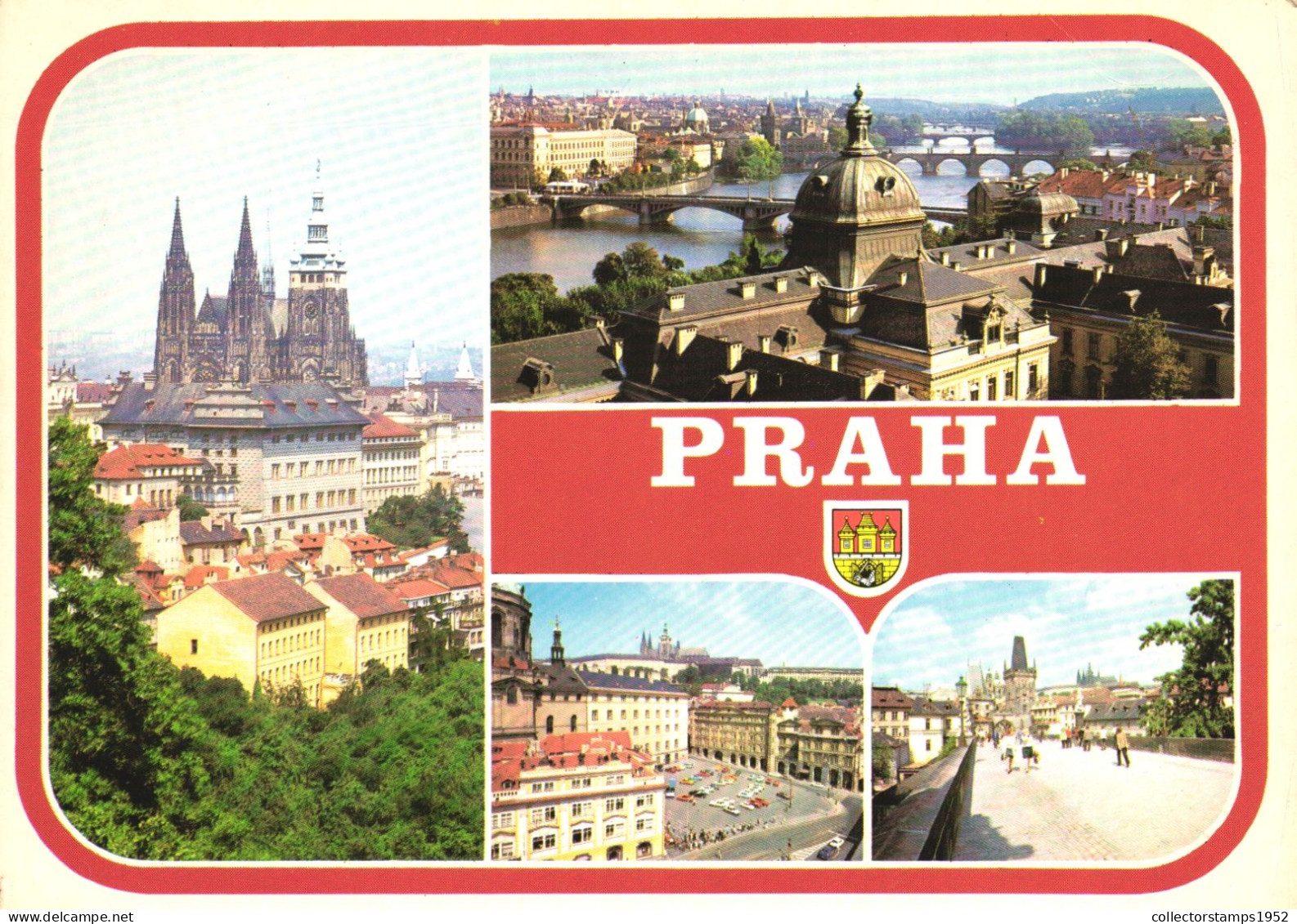 PRAGUE, MULTIPLE VIEWS, ARCHITECTURE, CARS, EMBLEM, BRIDGE, PALACE, TOWER, CZECH REPUBLIC, POSTCARD - República Checa