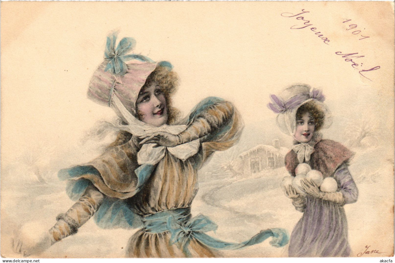 CPA AK Ladies Playing With Snowballs ARTIST SIGNED (1387554) - 1900-1949