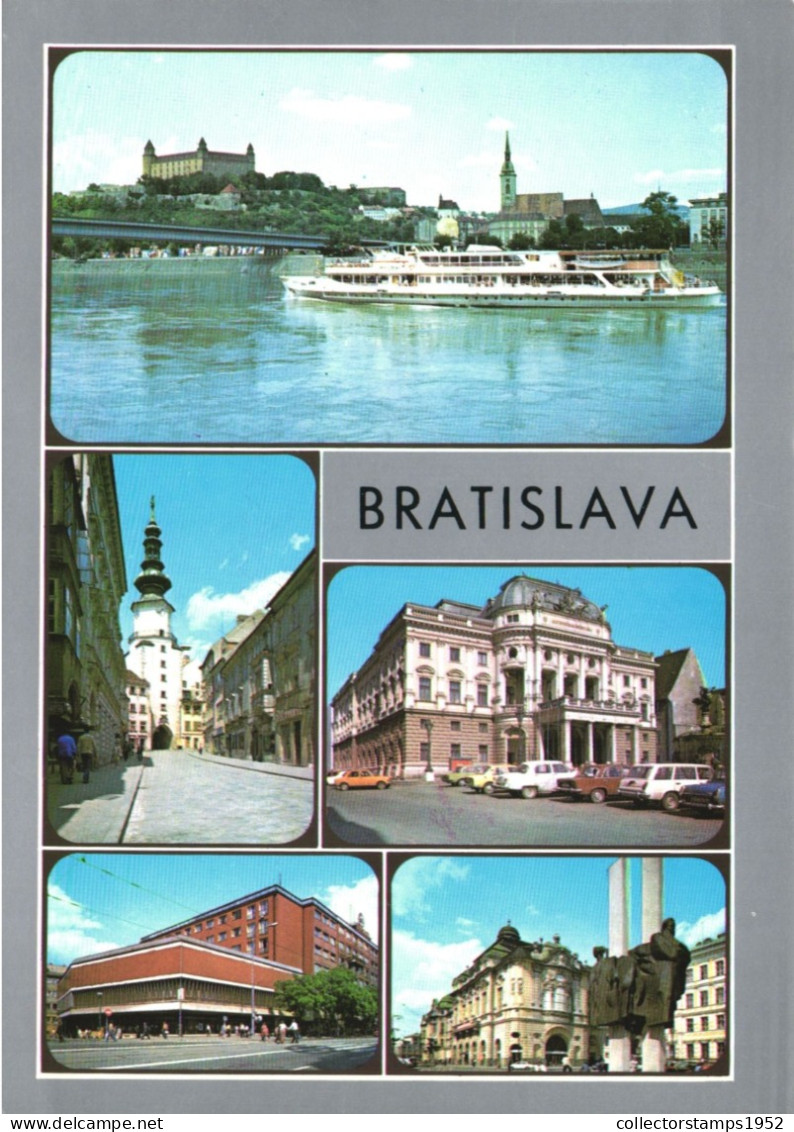 BRATISLAVA, MULTIPLE VIEWS, ARCHITECTURE, SHIP, MONUMENT, STATUE, CARS, BRIDGE, GATE, THEATRE, SLOVAKIA, POSTCARD - Slovaquie