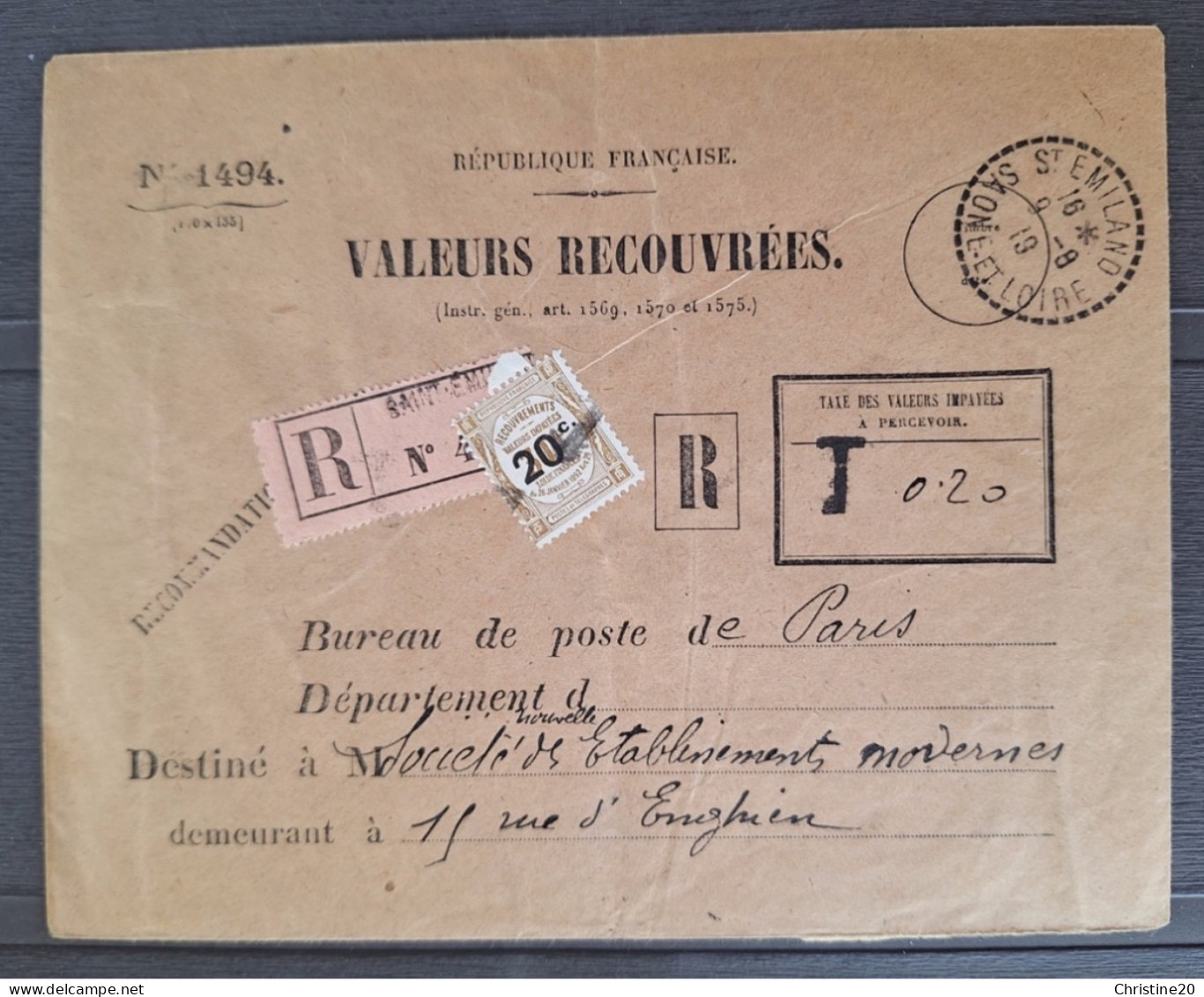 France 1918 Timbre Taxe Préobliteré Sur Formulaire N°1494, Affranchi Avec Timbre Taxe N°49  + CaD TB - 1859-1959 Lettres & Documents