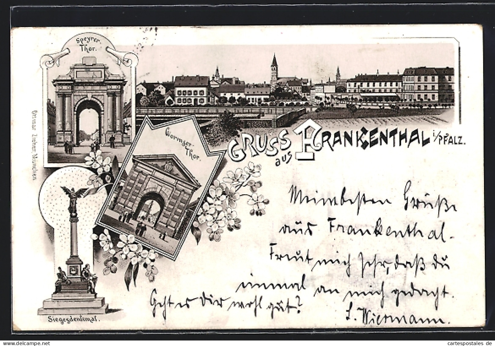 Lithographie Frankenthal I. Pfalz, Ortsansicht, Speyrer-Thor, Wormser-Thor, Siegesdenkmal  - Worms